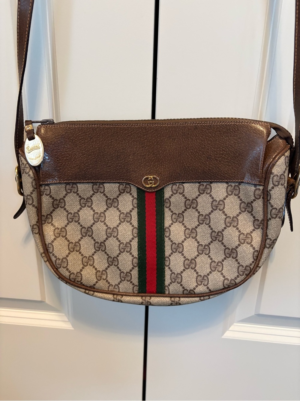 Gucci Brown GG Supreme Web Stripe Crossbody Bag